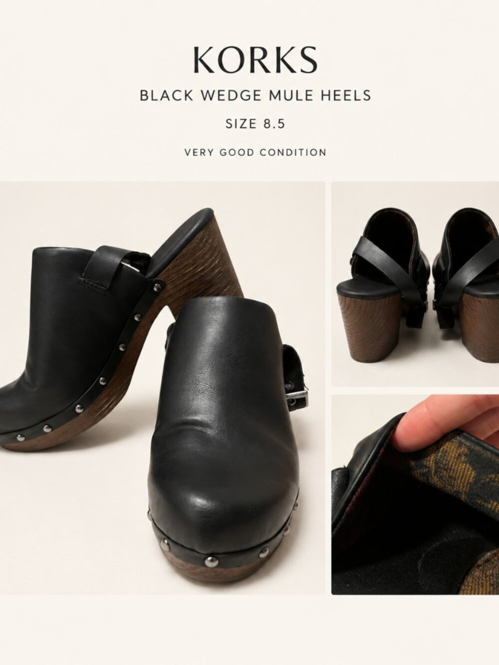 Korks by Kork-Ease Felisa Black Leather Studded Wedge Clog Heels